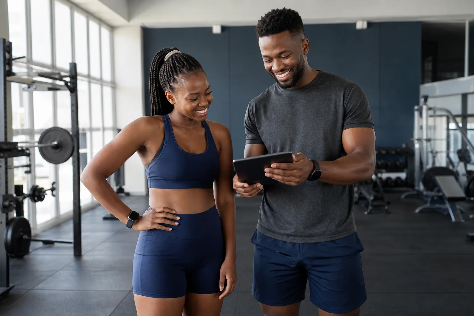 Two active adults reviewing training data in a gym.